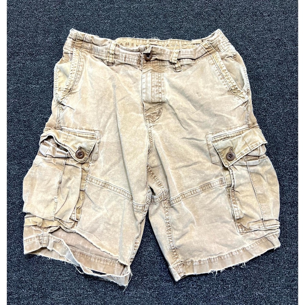American Eagle Cargo Shorts Mens 32 Beige Utility Pocket Hiking Outdoor Thrashed